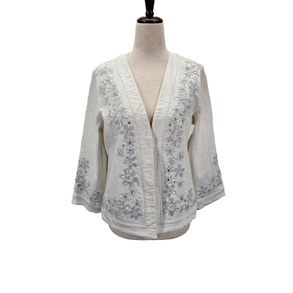 CHICO'S Denim Jacket Size 0 Cotton Solid White Rhinestone Top Satin Lined Tunic